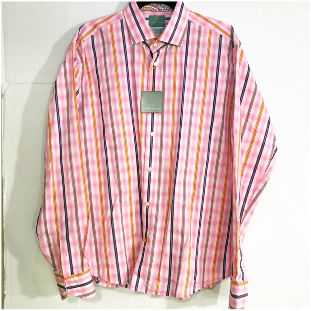 NEW Thomas Dean Pink Checkered Dress Shirt Sz XL
